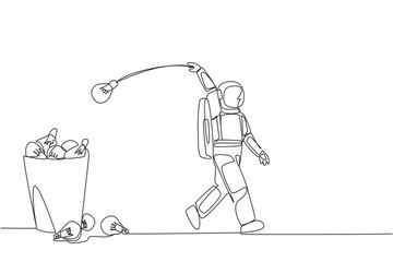 Poster - single one line drawing astronaut walking throwing light bulbs into trash can. throwing out ideas to