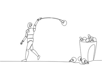 Poster - single continuous line drawing robot walking throwing light bulbs into the trash can. not the most g