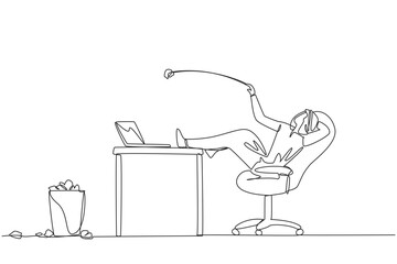 Poster - Single one line drawing Arabian businessman sitting in a office chair throwing wads of paper into the trash. Try various ways to calm down. Try to focus. Continuous line design graphic illustration