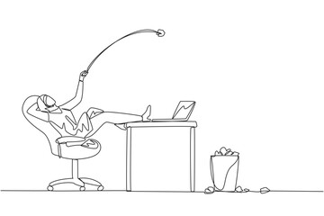 Poster - Single continuous line drawing Arabian businesswoman sitting in a chair throwing wads of paper into trash. Haven't gotten best idea for promotional materials yet. One line design vector illustration