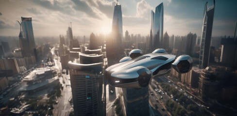 concept of a flying car in the city among skyscrapers, air transport links