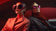 an extravagant couple of mannequins in stylish expensive clothes and glasses sit in the car interior at a car exhibition, luxury car concept. 