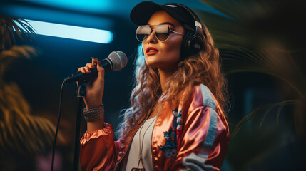 Wall Mural - Young woman wearing sunglasses and cap, singing into microphone at a karaoke.