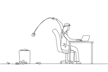 Poster - Single one line drawing Arabian businessman typing at the work desk throwing wads of paper into the trash. Too many ideas make the business concept unclear. Continuous line design graphic illustration