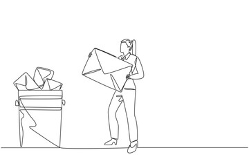 Poster - Single continuous line drawing businesswoman throw the large envelope in the trash. Delete many messages. Meet storage quota. Avoid spam. Clean digital memory. One line design vector illustration