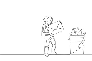 Poster - Continuous one line drawing astronaut throw large envelope in the trash. Avoid continuous incoming email attacks. Deleting. Space man cosmic galaxy concept. Single line draw design vector illustration