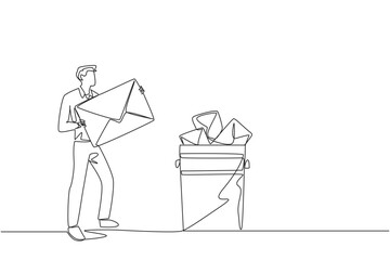 Poster - continuous one line drawing businessman throw large envelope in trash. throw away many application l