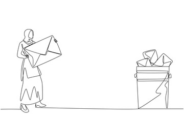Poster - Continuous one line drawing Arab businesswoman throw the large envelope in trash. Delete digital data that is considered unimportant. Prone to data theft. Single line draw design vector illustration