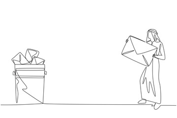 Poster - Single one line drawing Arab businessman throw the large envelope in the trash. Delete large number of incoming spam emails. Many emails are not important. Continuous line design graphic illustration