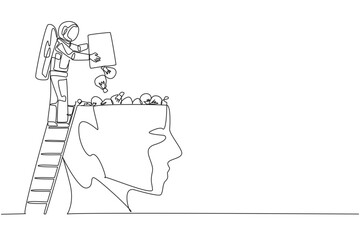 Poster - Single one line drawing astronaut climb to the large, open head with stairs. Throw away lightbulb. Conveys ideas about the best time for a space expedition. Continuous line design graphic illustration