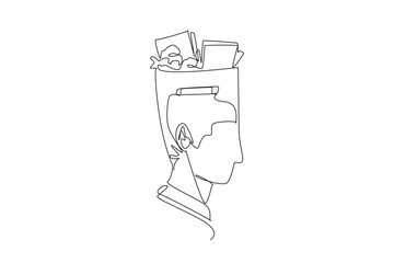 Poster - Single continuous line drawing businesswoman's head in the shape of a trash can. Difficulty thinking. Monthly financial reports. Biweekly business report. Stress. One line design vector illustration