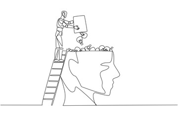 Poster - continuous one line drawing robot climb to the large, open head with stairs. throw away the lightbul