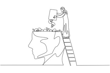 Poster - Single one line drawing Arab businessman climb to the large, open head with stairs. Throw away lightbulb. Putting down ideas and innovation. For profits. Continuous line design graphic illustration