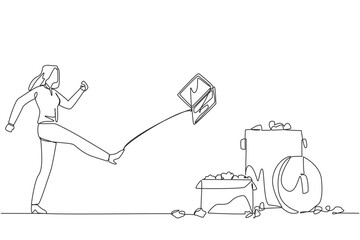 Poster - single one line drawing businesswoman kicked laptop into the trash. very angry. operational costs in