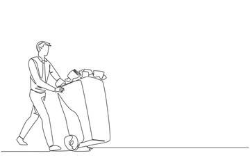 Wall Mural - Continuous one line drawing businessman pushing a trash can filled with wads of paper. Throw away administrative records that are no longer needed. Delete. Single line draw design vector illustration