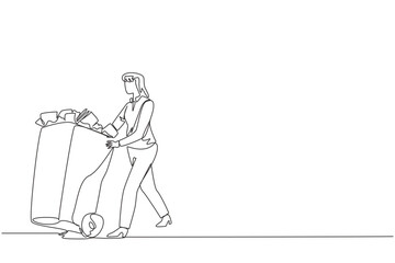 Poster - single one line drawing businesswoman pushing a trash can filled with wads of paper. throw away unim