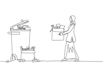 Poster - Single continuous line drawing Arab businesswoman carrying a cardboard box full of piles of paper to the trash. A clean work room will provide more enthusiasm. One line design vector illustration