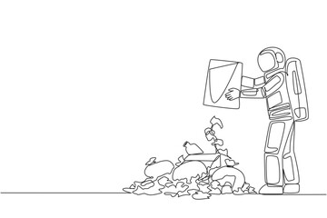 Poster - single continuous line drawing astronaut throws rubbish into rubbish pile. environmental care. dispo