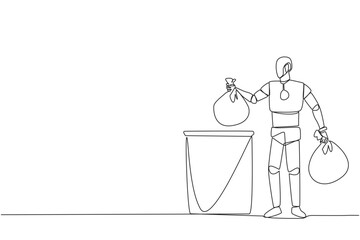 Poster - Single continuous line drawing robot puts the trash bag into the trash can. Environmental care. Household assistant robot. Future artificial intelligence concept. One line design vector illustration