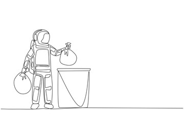 Poster - Continuous one line drawing astronaut puts trash bag in trash can. Environmental care. Throw garbage in its place. Cosmonaut. Cosmic galaxy deep space. Single line draw design vector illustration