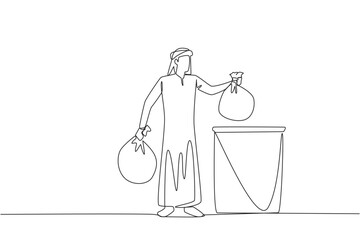 Poster - Continuous one line drawing Arab man puts rubbish bag into the trash can. Environmental care. Join the cleanliness campaign. For a healthy body and soul. Single line draw design vector illustration