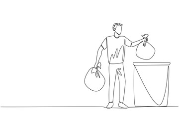 Poster - Single one line drawing man puts trash bag into trash can. Environmental care. Maintain cleanliness by throwing rubbish in the right place. Recycling. Continuous line design graphic illustration