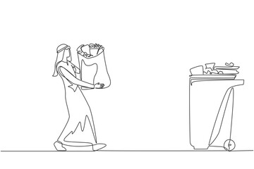 Poster - continuous one line drawing arab man walked carrying a trash bag in both hands towards trash can. ca