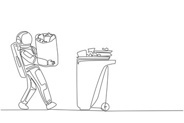Poster - Single one line drawing astronaut walked carrying a trash bag in both hands towards trash can. Doing campaign to care about cleanliness during expedition. Continuous line design graphic illustration