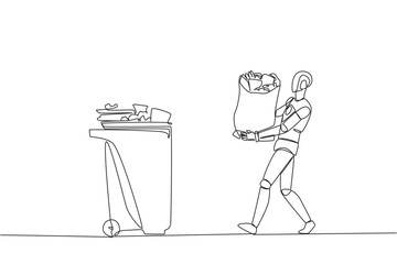 Wall Mural - Continuous one line drawing robot walked carrying a trash bag in both hands towards the trash can. Robots help social activities to clean the environment. Single line draw design vector illustration