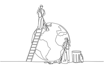 Poster - single continuous line drawing trash man climbs ladder to sweep top of the globe. his partner cleane