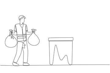 Poster - Single continuous line drawing trash man carrying two plastic trash bags. Clean more thoroughly. Clean environment, fresh air, avoid disease. Environmental care. One line design vector illustration