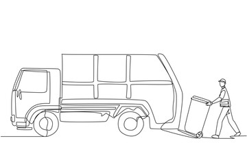 Poster - single one line drawing trash man loads the trash can into the trash truck. garbage trucks will driv