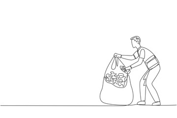 Poster - single continuous line drawing trash man puts some rubbish into plastic trash. picking up while sort