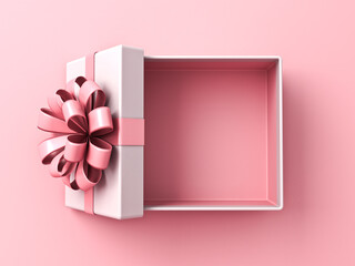 Aufkleber - Blank sweet pink pastel color present box or top view of open gift box with pink ribbon and bow isolated on pink background with shadow minimal for valentines day concepts 3D rendering