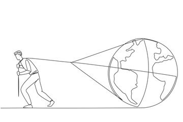 Poster - Continuous one line drawing a man pulls a globe. A real action to make the earth a better place. Keep away from pollution that can damage the ozone layer. Single line draw design vector illustration