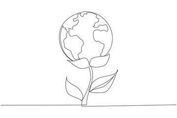 Poster - continuous one line drawing a plant with a globe at the end. world environmental day. save the world
