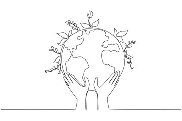 Wall Mural - Single one line drawing two hands holding a globe. Care about the earth. Planting plants for healthier air. Environmental care. World environment day. Continuous line design graphic illustration