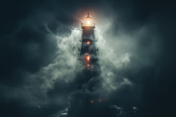 Wall Mural - The luminescence of a lighthouse beacon cutting through the mist, serving as a navigational guide for ships at sea. Generative Ai.