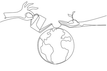 Poster - single one line drawing one hand holds a plant seed while the other waters the globe. awareness of k