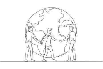 Poster - single one line drawing a group of men and woman standing arm in arm around a globe. nature lovers c