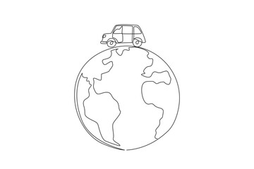 Wall Mural - Single one line drawing car on a globe. Vehicles contain pollution. Polluted air. Health is compromised. Unhealthy. Protect the world. Environmental care. Continuous line design graphic illustration