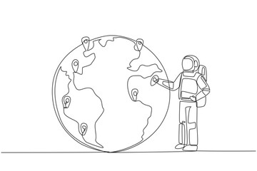 Poster - continuous one line drawing astronaut places a pin location point on surface of globe. mapping from 