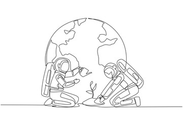 Poster - Single one line drawing astronaut holds mound of earth and the others waters plants. Team cohesiveness must be maintained. Cosmonaut loves earth. Nature. Continuous line design graphic illustration