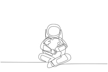 Poster - Single one line drawing astronaut sitting hugging globe. The expedition made realize that the earth should be loved more and more. Cosmic. Love the planet. Continuous line design graphic illustration