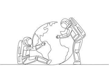 Poster - single continuous line drawing two astronauts hugging globe. best message from a spaceman: protect t
