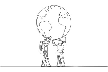 Poster - Single one line drawing two astronauts hold up globe together with both hands. Returning from expedition, enthusiasm for protecting earth grow stronger. Continuous line design graphic illustration