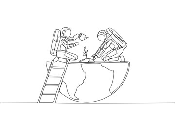 Poster - Single continuous line drawing two astronauts work together to plant seeds and water it. Slowing depletion of the ozone layer. Cosmonaut caring a lot to the earth. One line design vector illustration