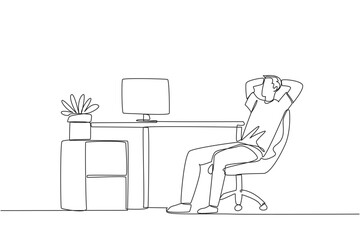 Poster - single one line drawing relaxed man sitting in a work chair with his hands behind his head. work ove