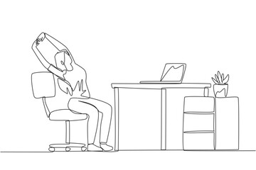Poster - continuous one line drawing woman sitting in work chair while raising both hands. tense because too 