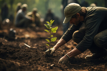 An environmentalist planting trees in a deforested area, symbolizing the dedication to ecological preservation and sustainable practices. Concept of environmental stewardship. Generative Ai.